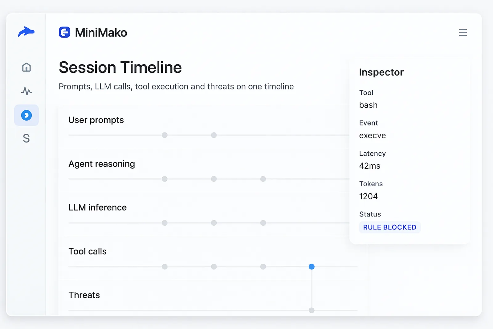 MiniMako, timeline runtime e dettaglio forense